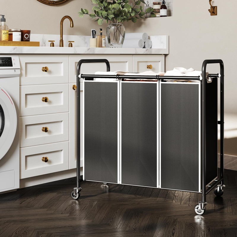 ROMOON 3 Compartment Heavy Duty Laundry Sorter, Hamper with Removable Liners and Wheels, Space-Saving Organizer for Laundry Room, Apartment, Dorm, Closet Storage (Black) - Image 2